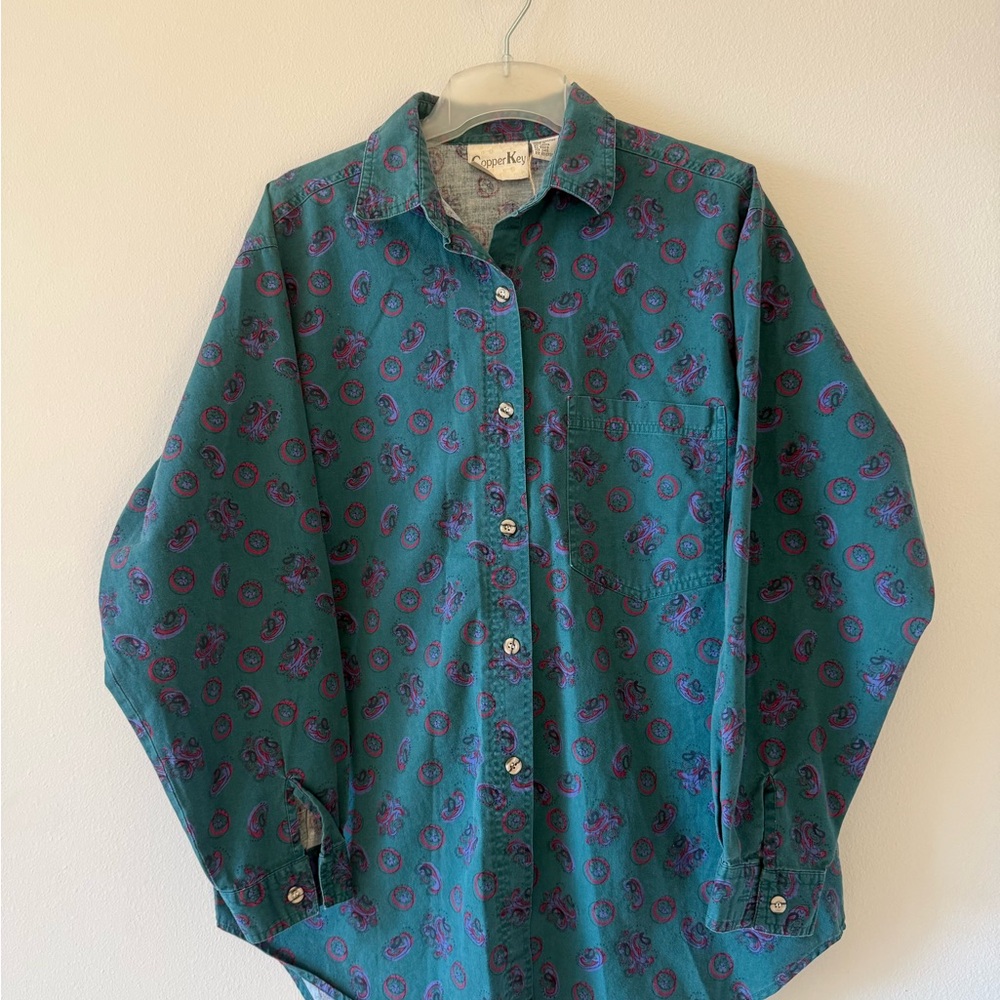 Copper Key Vintage Green Button-Down Shirt with Purple Paisley Print